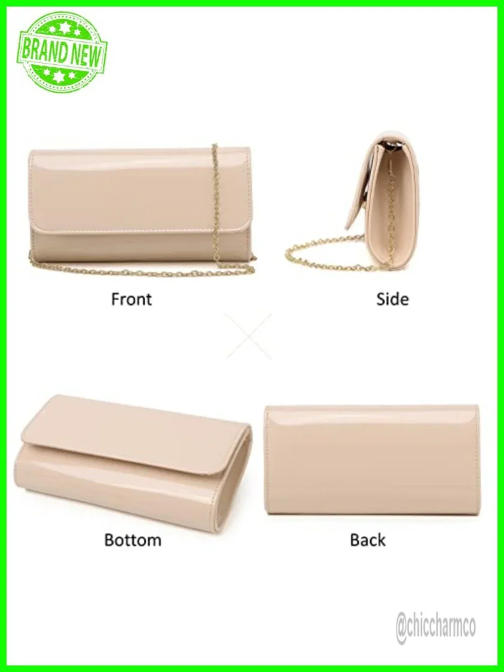 Patent Leather Envelope Clutch Evening Bag with Chain Strap